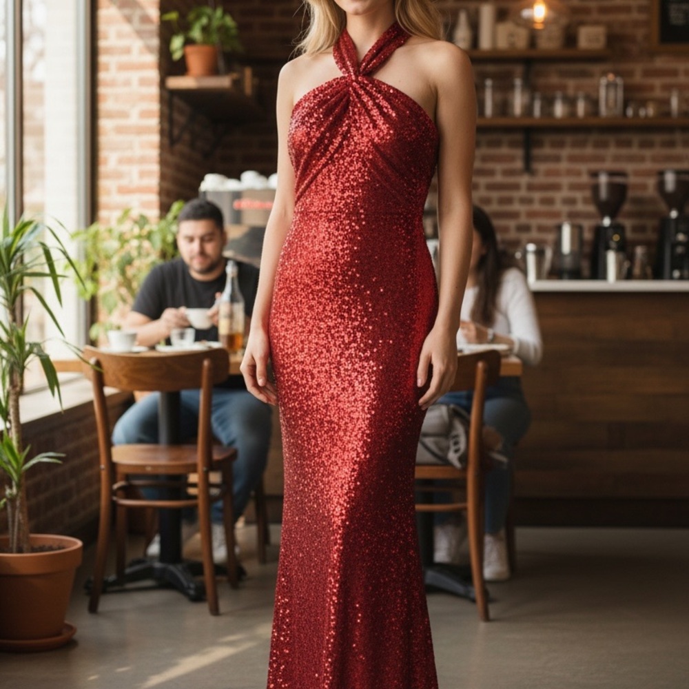 Fashion Nova Red Sequin One-Shoulder Gown